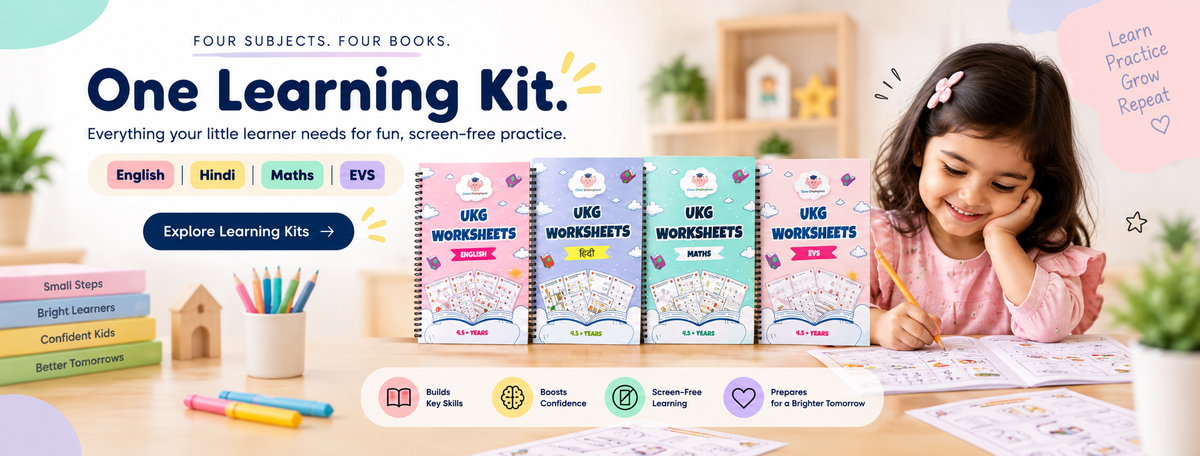 One Learning Kit: four subjects, four books – English, Hindi, Maths and EVS worksheets for fun, screen-free practice. Explore learning kits.